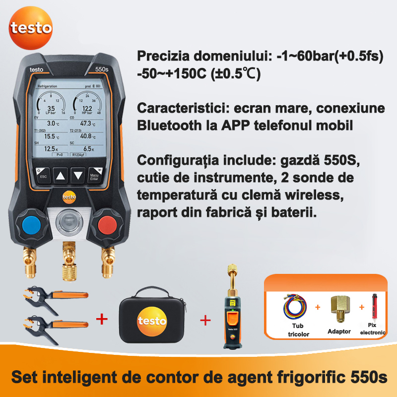 A testo550S manometru inteligent pentru vid și refrigerant [precizie a presiunii: ±0,5%, precizie a temperaturii: ±0,5 ℃, cu peste 90 de refrigeranți integrați] vine cu tuburi de trei culori