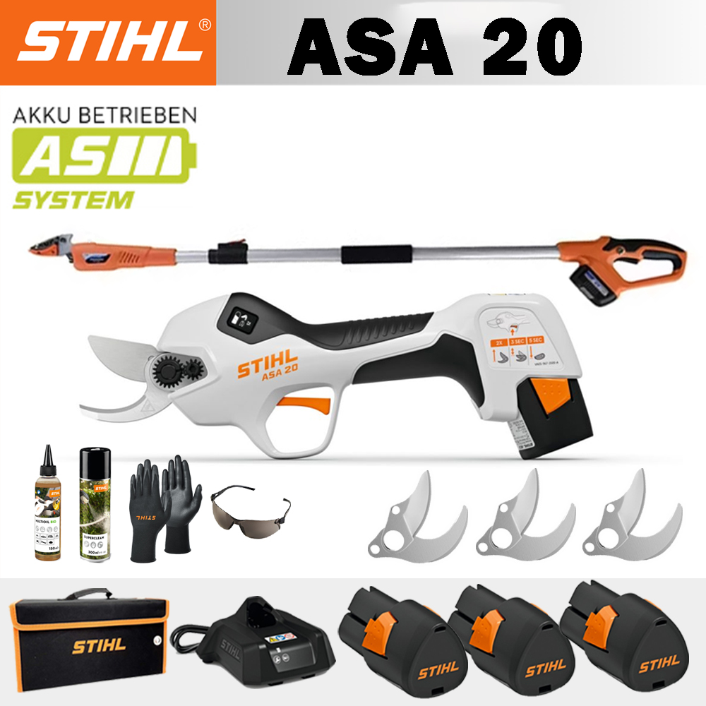 【STIHL】 ASA20*1, batería de litio*3, caja de almacenamiento*1, cabezal de corte*3, cargador*1,varilla telescópica*1