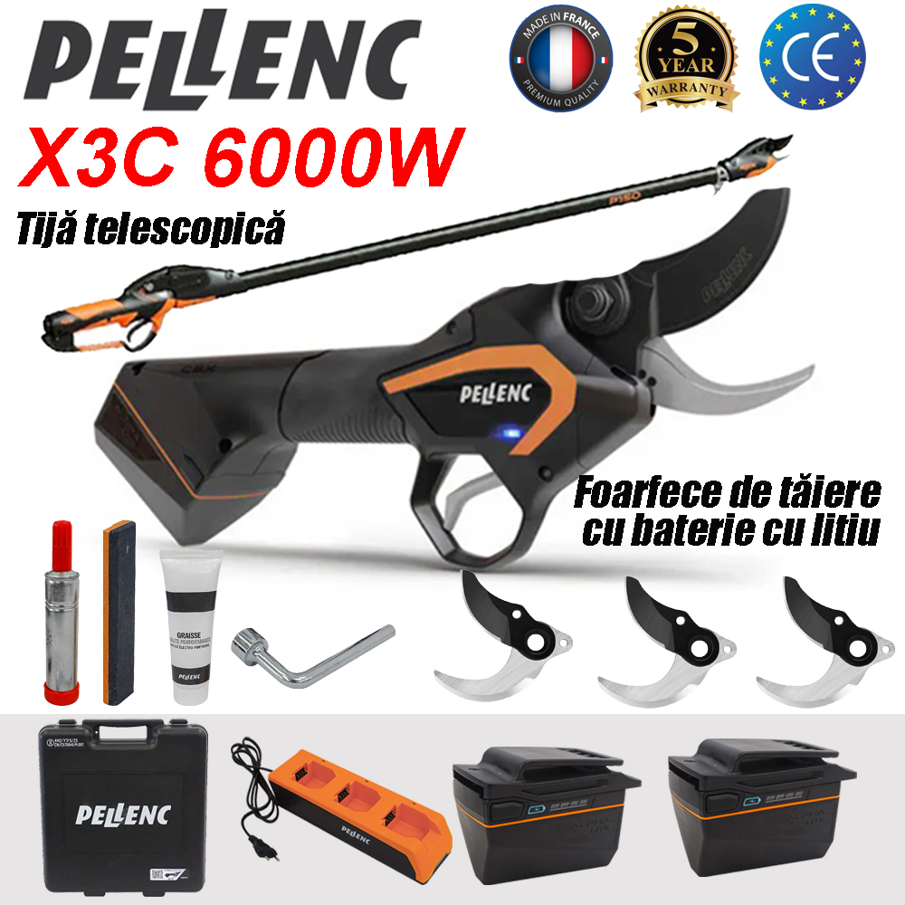 【Pellenc】Foarfece de tăiere a bateriei cu litiu C3X * 1, baterie cu litiu * 2, lame * 3, încărcător * 1, cutie de depozitare * 1, set complet de accesorii * 1, tijă telescopică * 1