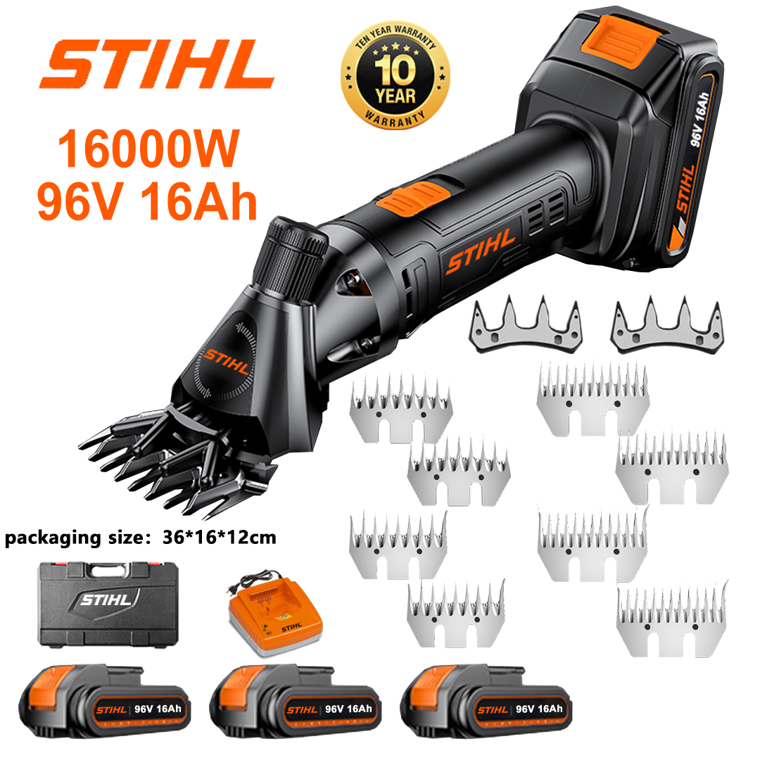 Tijeras de lana de 16000 W de potencia*1 + Batería de litio de 96 V 16 Ah*3 + Cargador rápido*1 + Cuchilla de ajuste de cuatro dientes*2 + Cuchilla de nueve dientes rectos*2 + Cuchilla de nueve dientes curvos*2 + Cuchilla de trece dientes rectos*2 + Cuchilla de trece dientes curvos*2 + Caja de herramientas*1