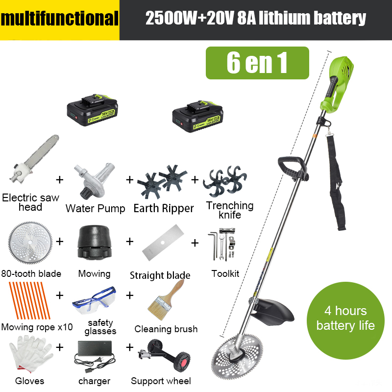 【6 em 1】Bateria de lítio de 2500 W, 20 V 8 A*2, duração da bateria de 4 horas, cabeça de serra elétrica, lâmina de afrouxamento, lâmina de vala, bomba de água, lâmina de 80 dentes, cabeça de aparador, corda de corte*10, lâmina reta, roda de suporte, conjunto completo de acessórios.