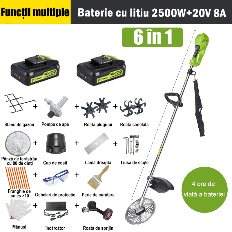 【6 în 1】2500W, 20V 8A baterii cu litiu*2, 4 ore de autonomie, cap de ferăstrău cu lanț, lamă de slăbire, lamă de șanț, pompă de apă, lamă de 80 de dinți, cap de tuns tuns, frânghie de tuns tuns*10, lamă dreaptă, roată de susținere, accesorii complete.