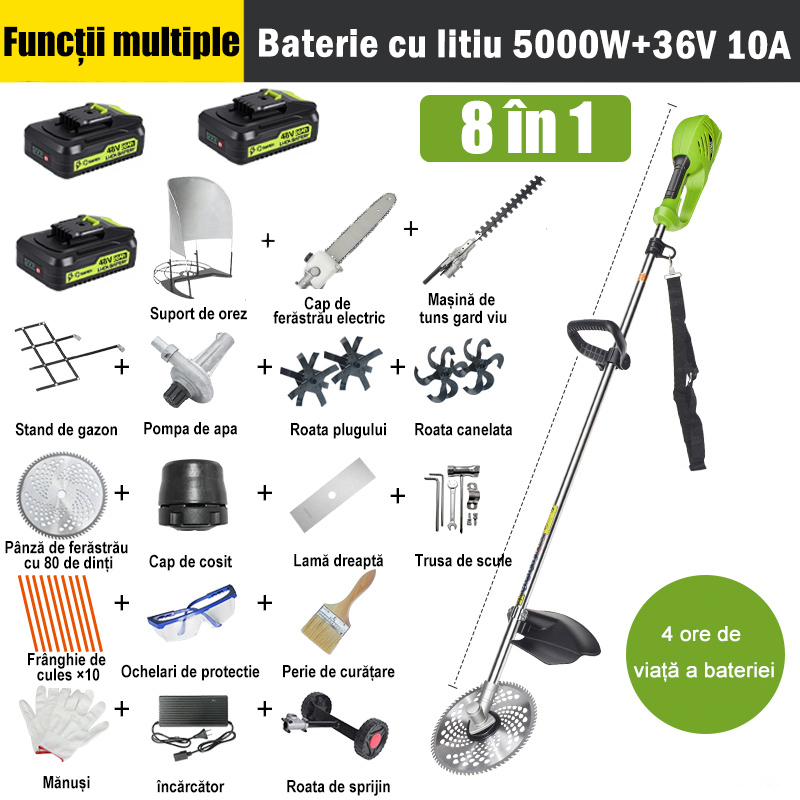 【8 în 1】5000W 36V 10A baterie cu litiu*3, durata bateriei 4 ore, cap de ferăstrău electric, cuțit de slăbire, cuțit de șanț, pompă de apă, lamă de 80 de dinți, cap de cosit, frânghie de cosit*10, lamă dreaptă, roată de sprijin, cadru suport pentru gazon, set complet de accesorii