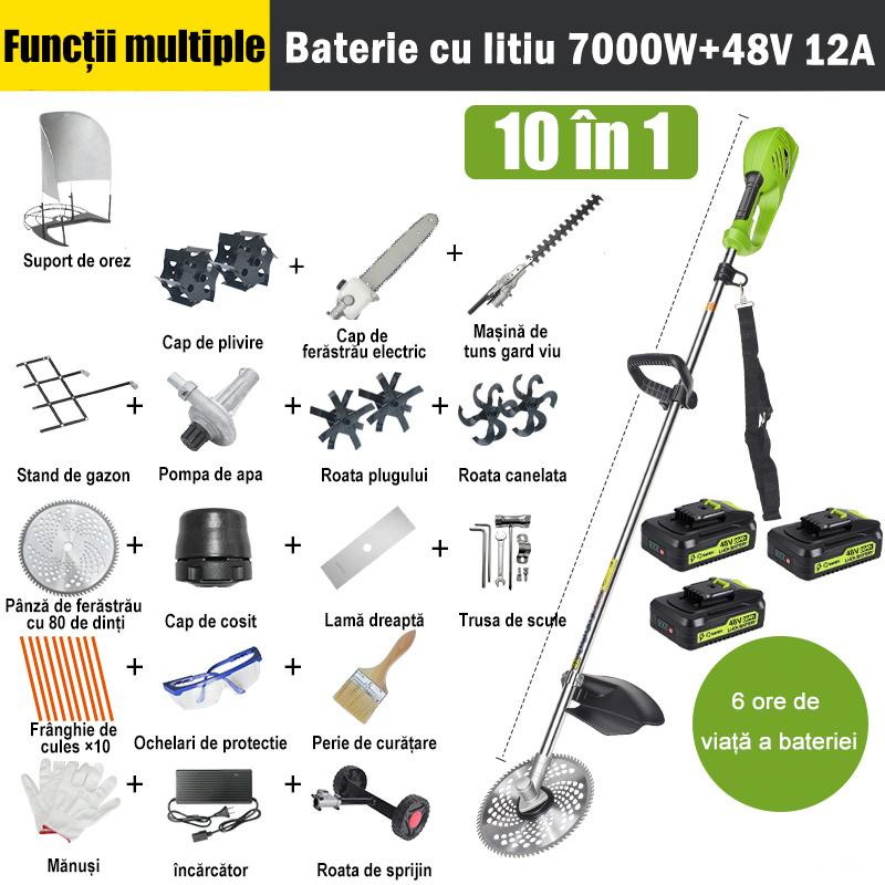 【10-în-1】7000W, 48V 12A baterie cu litiu*3, 6 ore de viață a bateriei, cap de ferăstrău electric, cuțit de slăbire, cuțit de șanț, pompă de apă, lamă de 80 de dinți, cap de cosit, frânghie de cosit*10, lamă dreaptă, roată de susținere, set de suport pentru gazon, cadru de tuns, accesorii