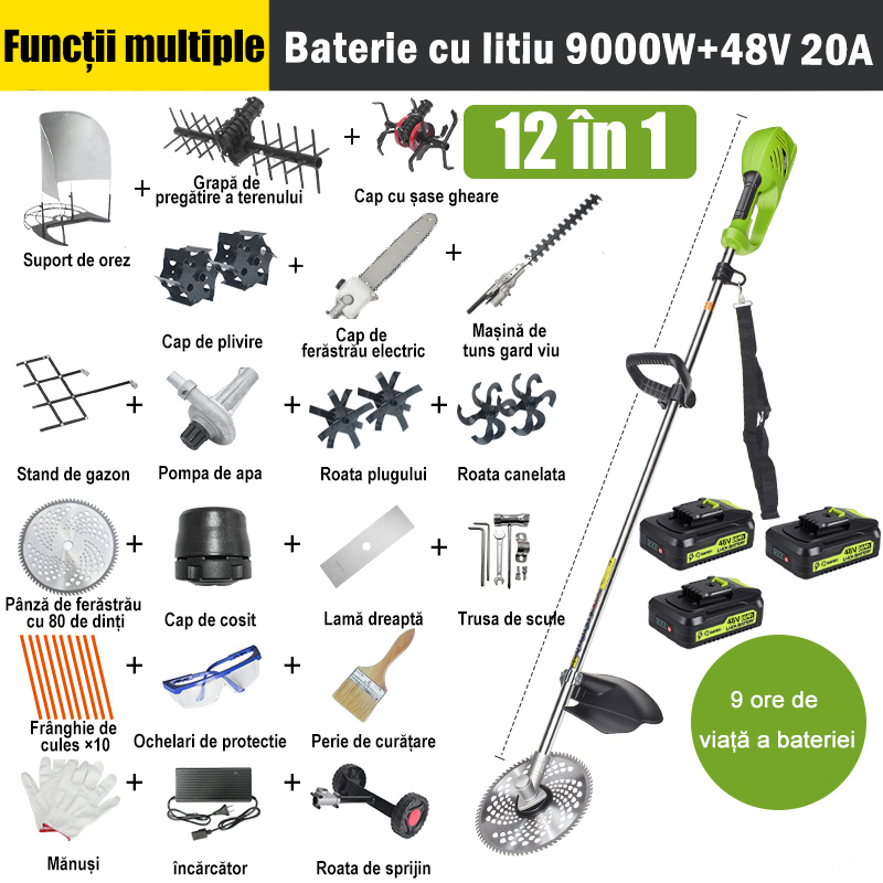 【12 în 1】9000W, 48V 20A baterie cu litiu * 3, durata bateriei 9 ore, cap de ferăstrău electric, freza, șanț, pompă de apă, lamă de 80 de dinți, cap de tuns tuns, frânghie de tuns tuns tuns * 10, lamă dreaptă, roată de sprijin, cadru suport pentru gazon, suport de tuns paie, cap de tuns, gheare de paie de accesorii