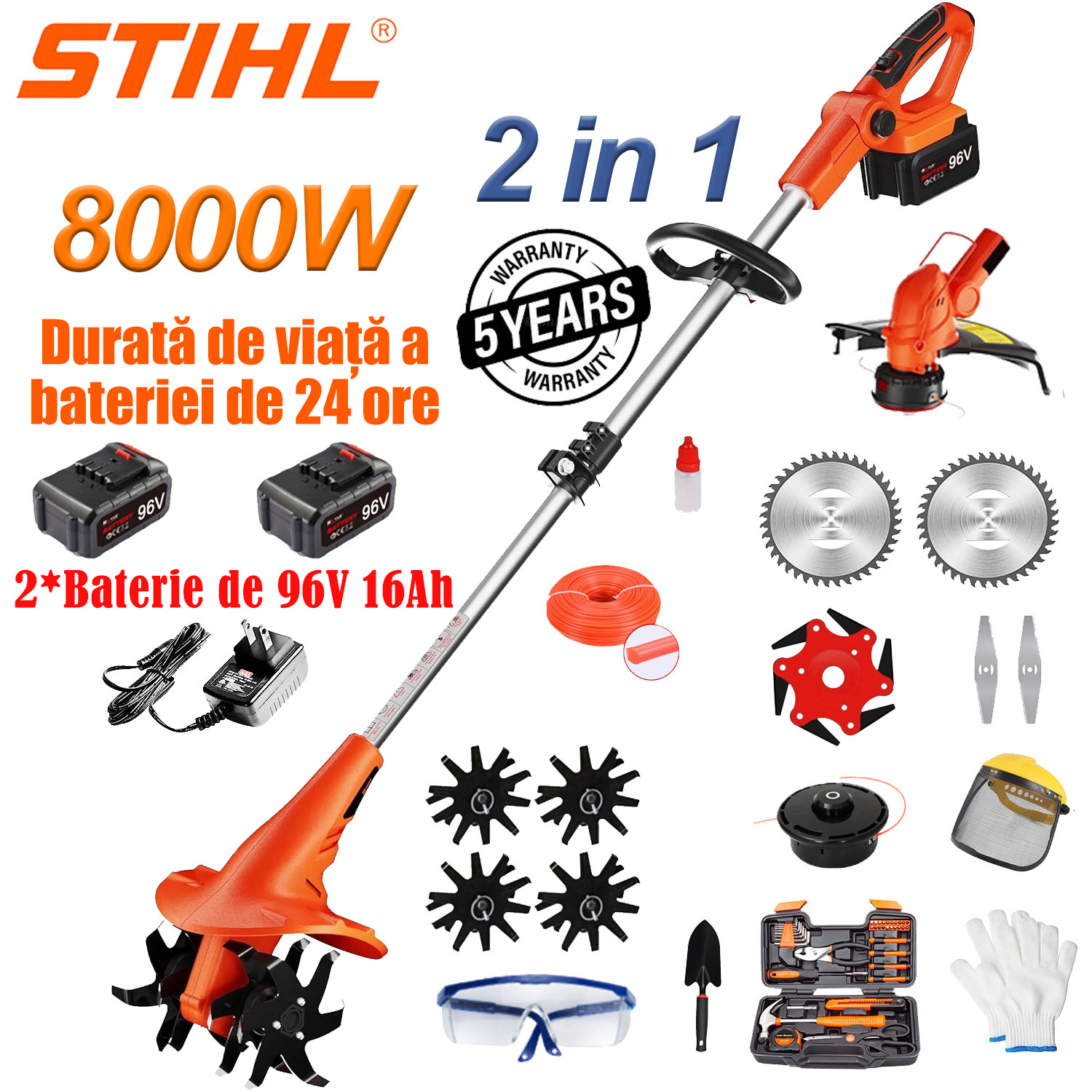 Motor multifuncțional (8000W): potrivit pentru aratul zilnic al ierbii și grădinărit, echipat cu baterii × 2, încărcător rapid × 1, cap de frezare × 4, cap de tăiere × 1 și un set complet de accesorii.