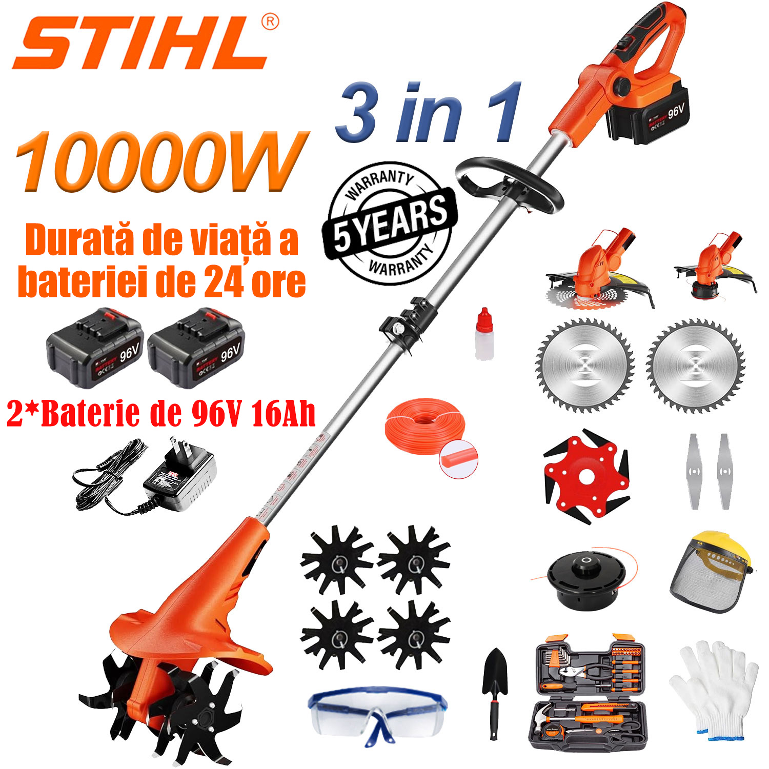 Motor multifuncțional trei în 1 (10000W): potrivit pentru tăiere, arat și cosit, echipat cu baterii litiu de 96V × 2, încărcător rapid × 1, cap de frezare × 4, cap de tăiere × 2, cuțit din aluminiu × 1, disc de tăiere × 1, frânghie de tăiere din nailon (3 metri) × 1 și un set complet de accesorii.