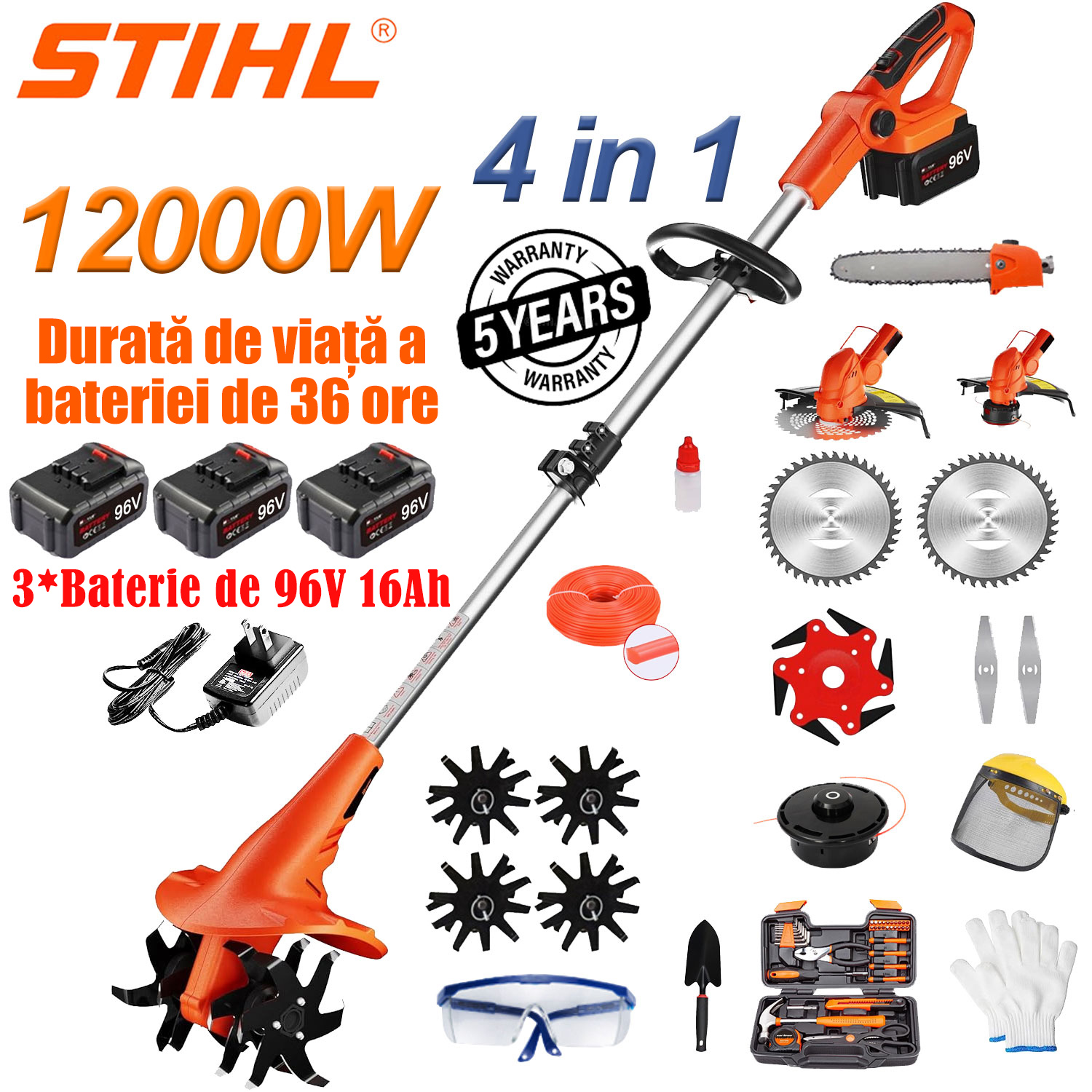 Motocultor multifuncțional 4 în 1 (12000W): Potrivit pentru operațiuni fine, cum ar fi tăierea și elagă, echipat cu baterii litiu de 96V × 3, încărcător rapid × 1, capete de prelucrare × 4, capete de tăiere × 3 (capete principale × 2 + suplimentare × 1), cuțit din aliaj × 1, cuțit circular × 2, cuțit drept × 3, accesorii pentru scule × 3.