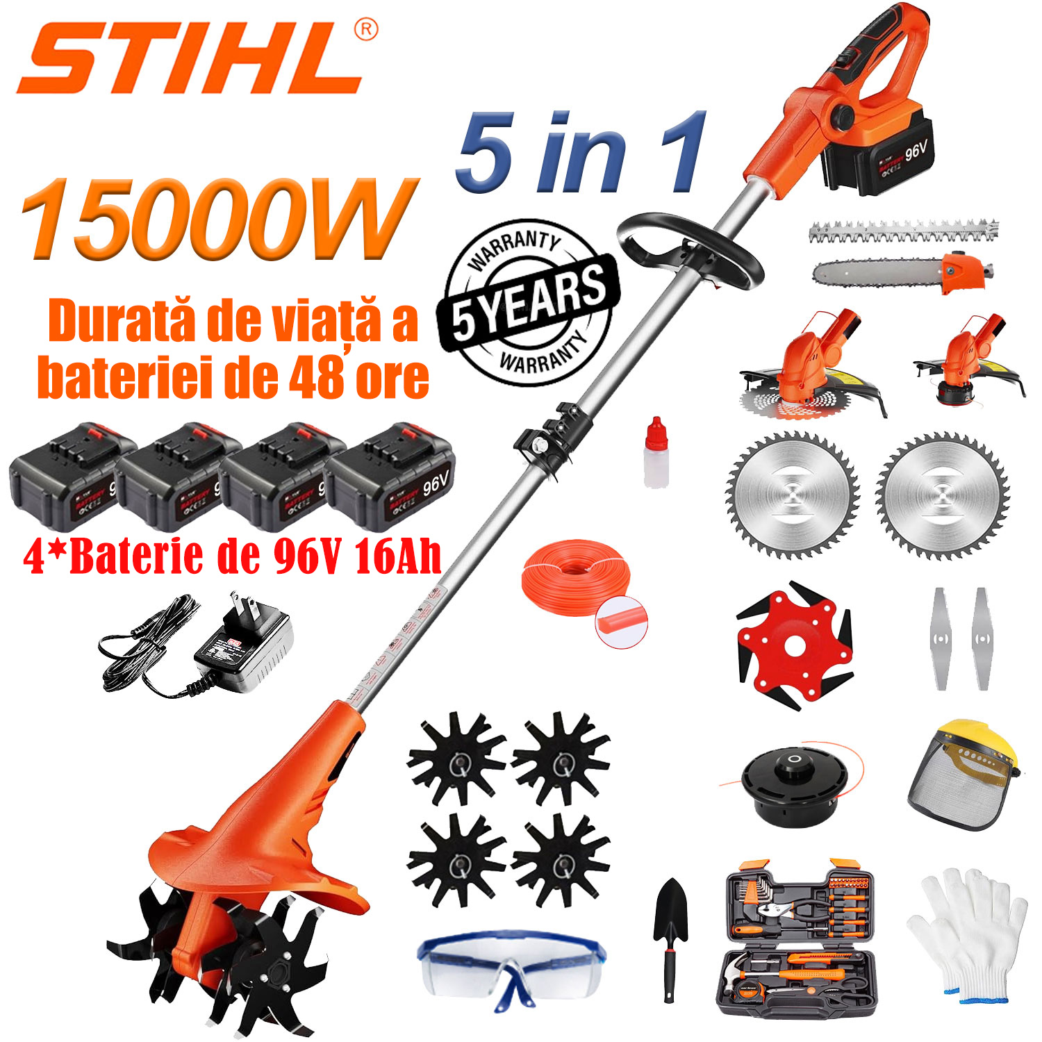 Motosapă multifuncțională 5 în 1 (15000 W): Potrivită pentru operațiuni grele, cum ar fi tăierea, tăierea plantelor și aratul, echipată cu baterii litiu de 96 V × 4, încărcător rapid × 1, capete de arare × 4, capete de tăiere × 4 (inclusiv capete principale × 2 + suplimentare × 2), cuțit din aluminiu × 1, cuțit circular × 2, cuțit drept × 2, lamă de ferăstrău × 1, cap spiralat × 1, accesorii pentru scule × 6 (3 bucăți × 2 seturi).